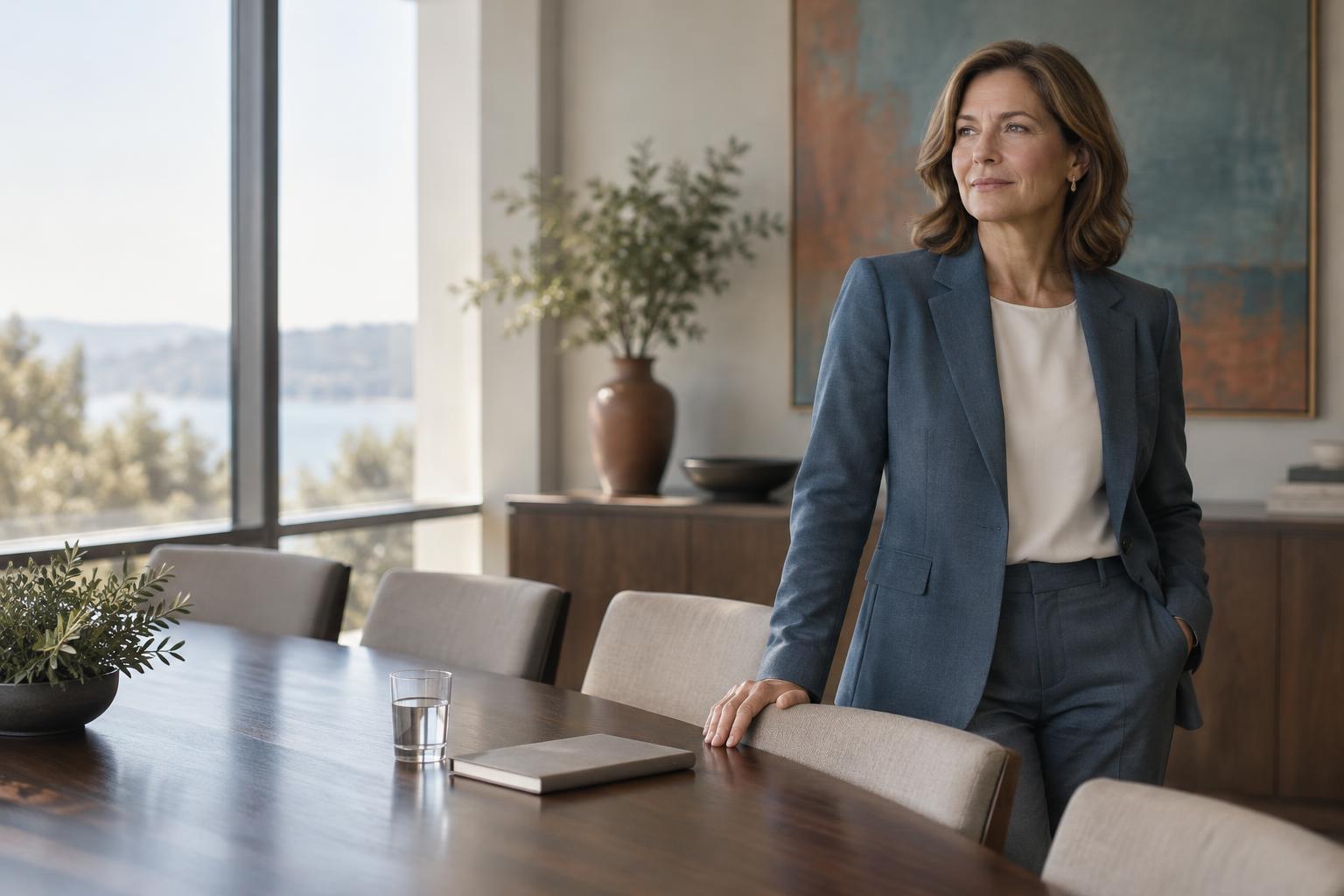 A leader standing composed beside a conference table