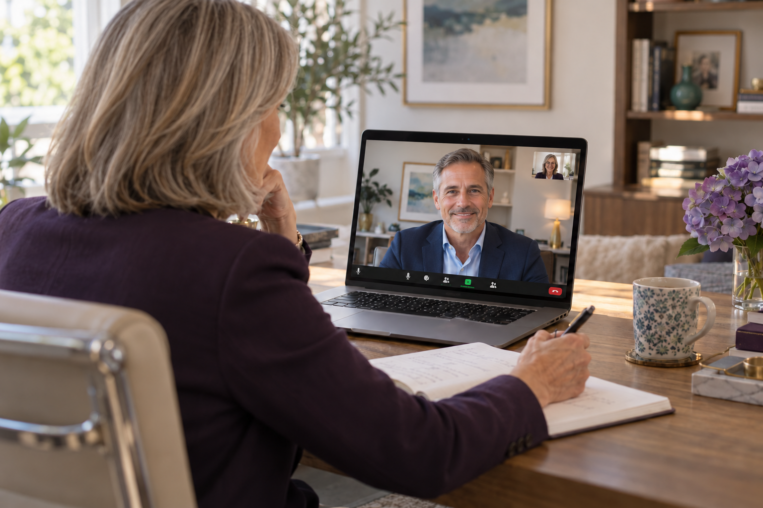 A coach listening to an executive during a one-on-one video call