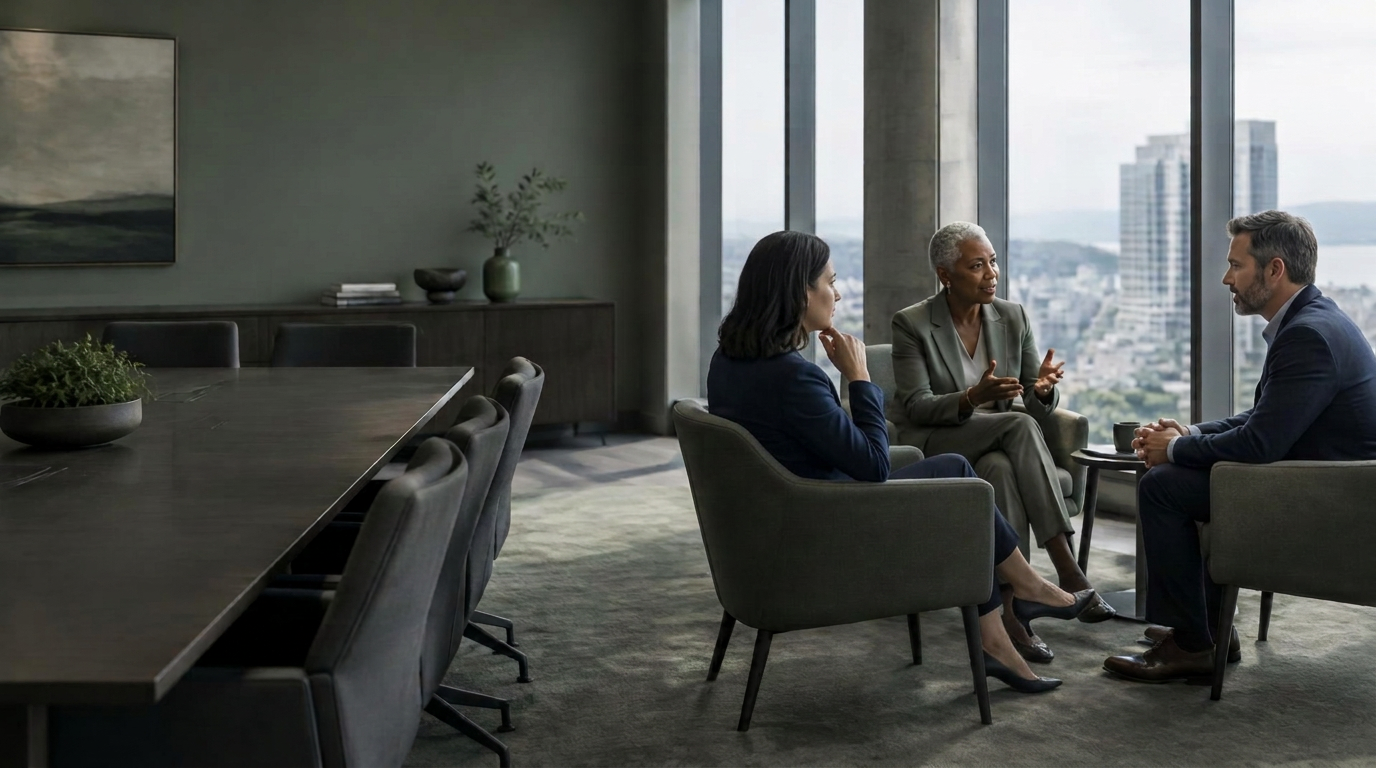 Senior professionals in a thoughtful leadership conversation